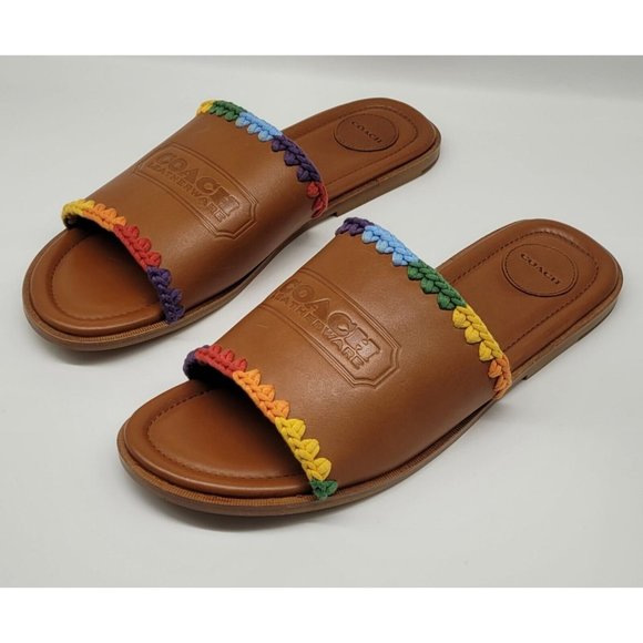 COACH Pride Leather Crochet-Trimmed Slides - Picture 3 of 10